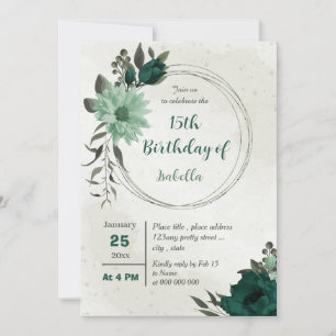 emerald green flowers geometric birthday invitation