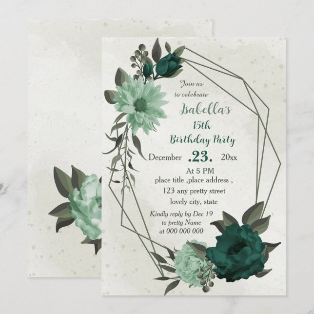 emerald green flowers geometric birthday  invitation (Front/Back)