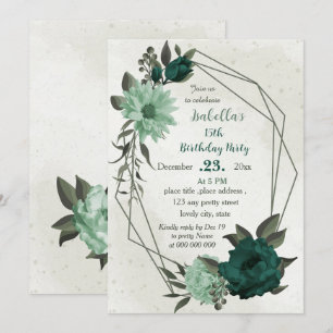 emerald green flowers geometric birthday  invitation