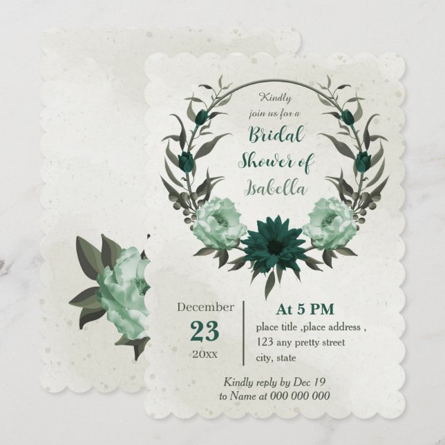 emerald green flowers geometric bridal shower invitation (Front/Back)