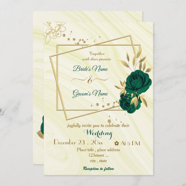 emerald green flowers gold geometric wedding invitation (Front/Back)