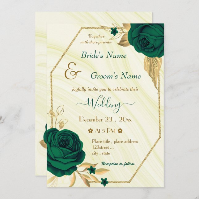emerald green flowers gold geometric wedding invitation (Front/Back)