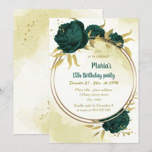 Emerald green flowers gold leaves birthday  invitation