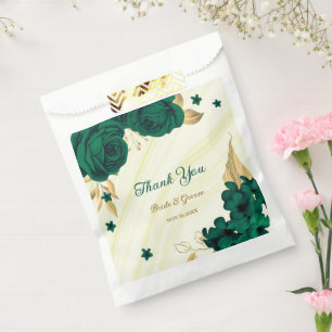 emerald green flowers gold leaves marble favour bags