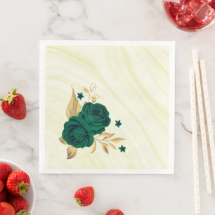 emerald green flowers gold leaves marble napkin