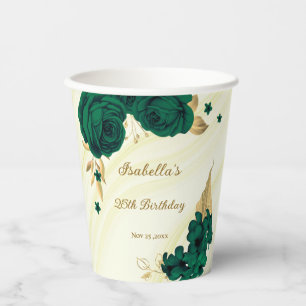 emerald green flowers gold leaves marble paper cups