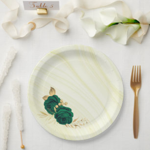emerald green flowers gold leaves marble paper plate
