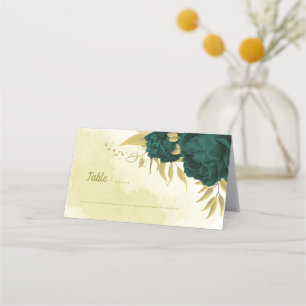 Emerald green flowers gold leaves place card