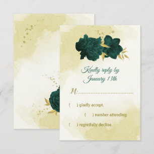 Emerald green flowers gold leaves RSVP card
