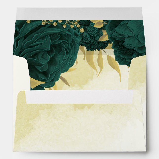 Emerald green flowers gold leaves wedding envelope (Back (Bottom))