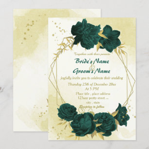 Emerald green flowers gold leaves wedding invitation