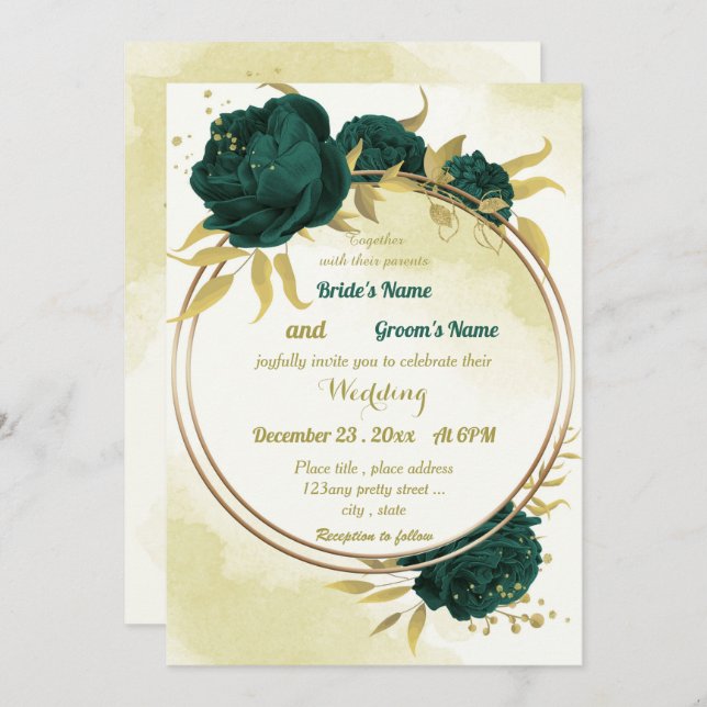 Emerald green flowers gold leaves wedding invitation (Front/Back)
