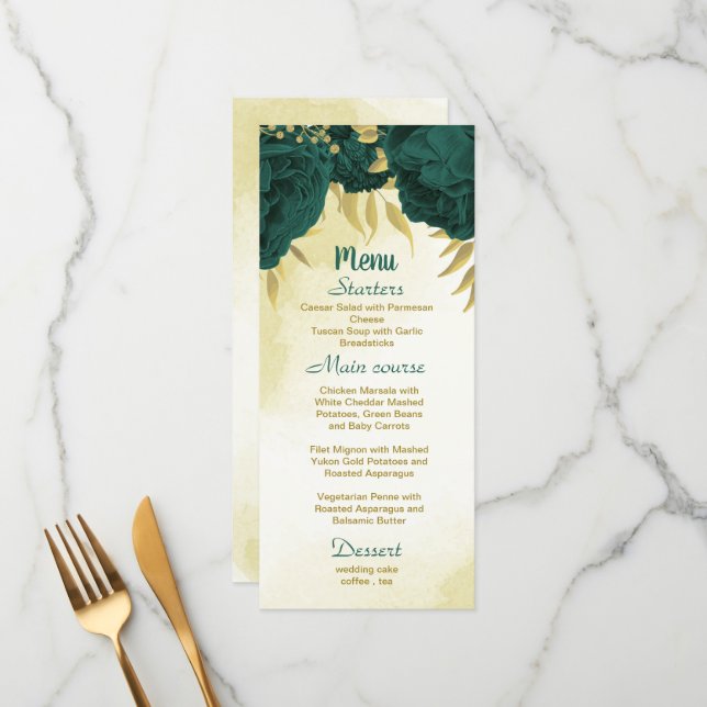 Emerald green flowers gold leaves wedding menu (Front/Back In Situ)