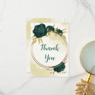 Emerald green flowers gold leaves wedding thank you card