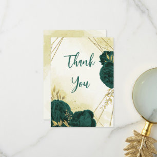 Emerald green flowers gold leaves wedding thank you card