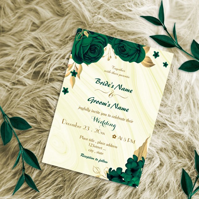 emerald green flowers gold wedding invitation (Creator Uploaded)