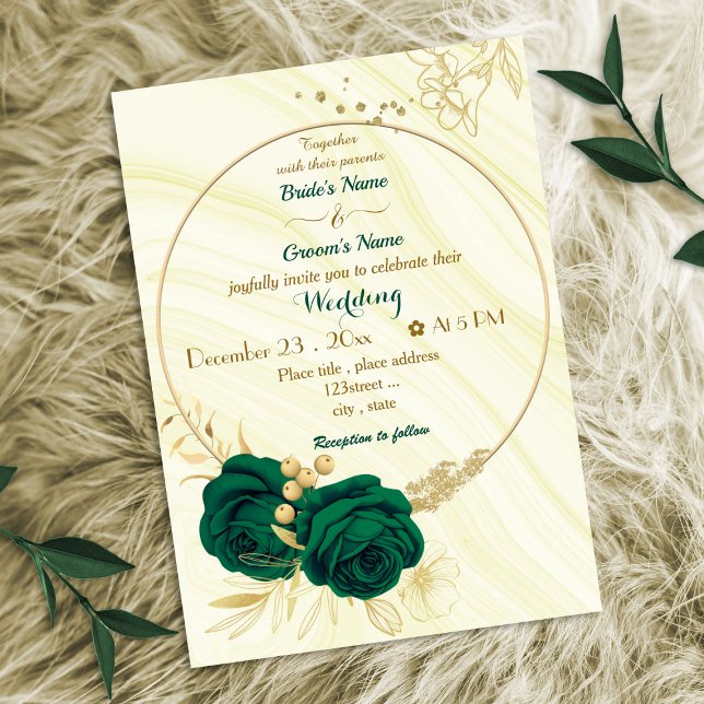 emerald green flowers gold wreath wedding invitation (Creator Uploaded)