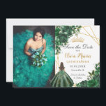 Emerald Green Flowers Princess Quinceañera Photo Save The Date<br><div class="desc">Personalize this pretty emerald green floral Quinceañera / Sweet 16 birthday photo save the date easily and quickly. Simply click the customize it further button to edit the texts, change fonts and fonts colors. Featuring a girl dressed in a beautiful emerald green dress, chic emerald green flowers and butterflies. Matching...</div>