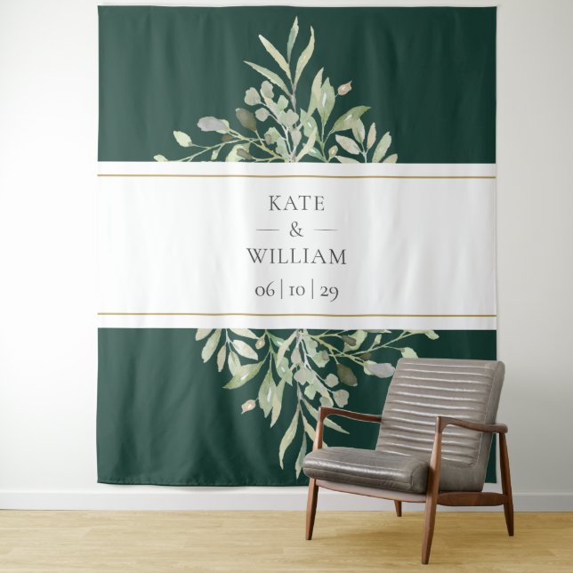 Emerald Green Foliage Wedding Photo Booth Backdrop Tapestry (In Situ)