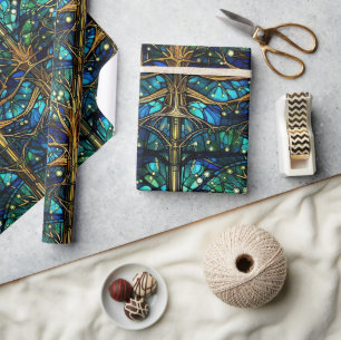 Emerald Green Forest Faux Stained Glass Pattern Wrapping Paper