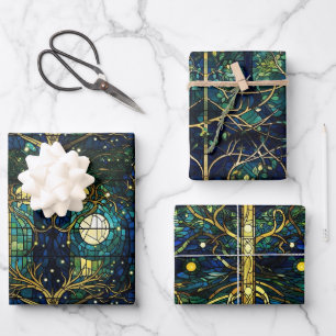 Emerald Green Forest Faux Stained Glass Pattern Wrapping Paper Sheet