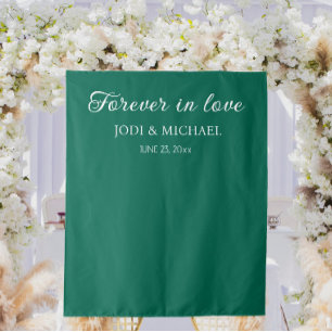 Emerald Green Forever in Love Wedding Backdrop Tapestry
