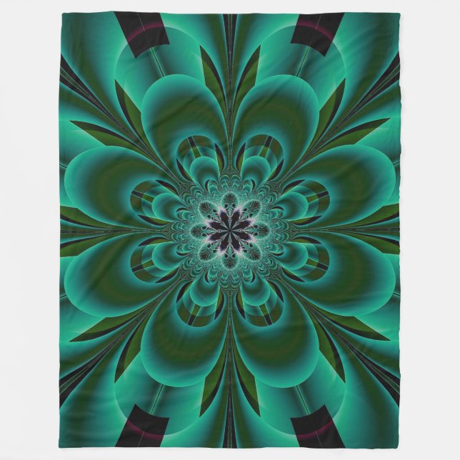 Emerald Green Fractal Flower Fleece Blanket (Front)