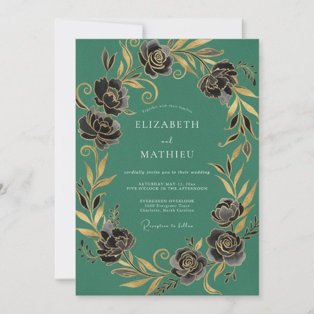 Emerald Green Gilded Winter Wedding Invitation (Front)