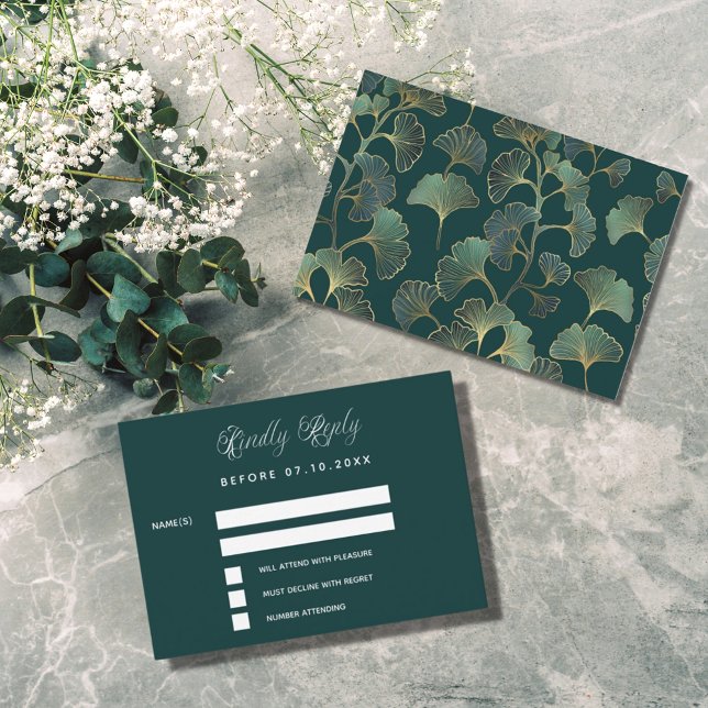 Emerald green ginkgo leaves wedding response RSVP Card (Creator Uploaded)