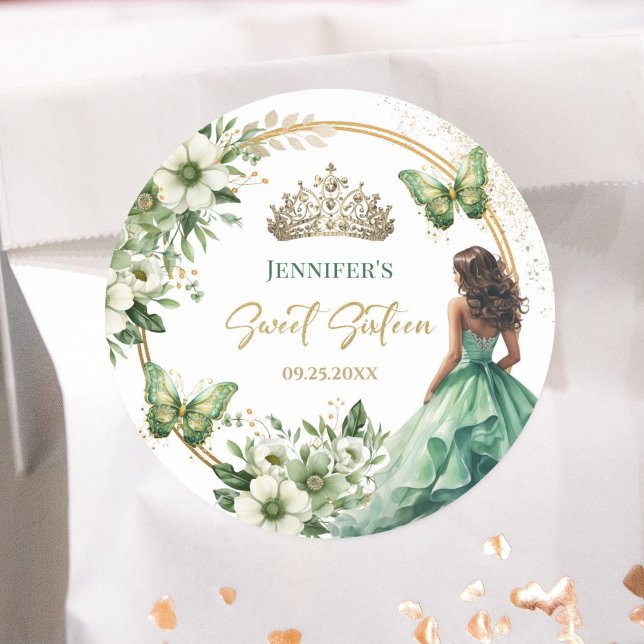 Emerald Green Girl Princess Tiara Floral Sweet 16 Classic Round Sticker (Creator Uploaded)