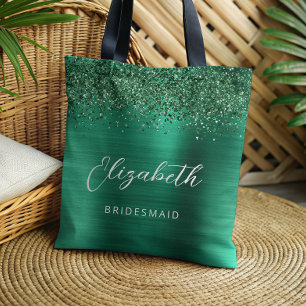 Emerald Green Glam Metallic Script Bridesmaid Tote Bag