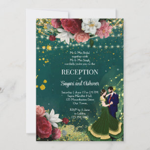 Emerald green glitter dancing couple reception invitation