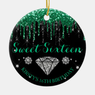 Emerald Green Glitter Drip Sweet Sixteen Ceramic Tree Decoration