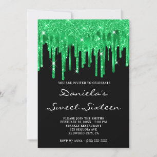 Emerald Green Glitter Foil Drips Black Sweet 16 Invitation