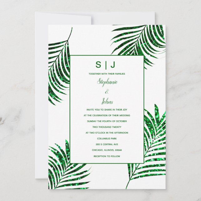 Emerald Green Glitter Tropical Palm Leaf Wedding Invitation (Front)