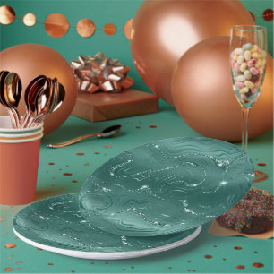 Emerald Green Glitzy Marble Christmas Paper Plate