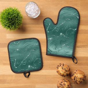 Emerald Green Glitzy Marble Oven Mitt & Pot Holder Set