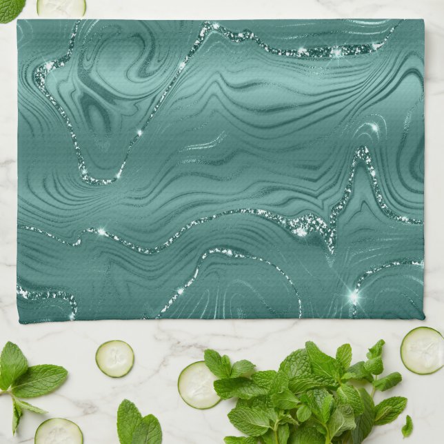 Emerald Green Glitzy Marble Tea Towel (Folded)