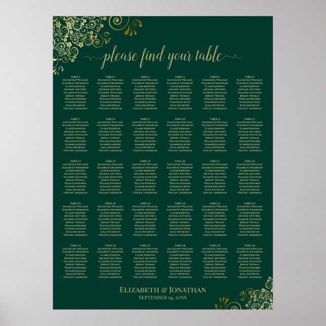 Emerald Green Gold 30 Table Wedding Seating Chart (Front)