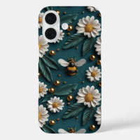 Emerald Green Gold 3D Bees Daisy Flowers Bumble