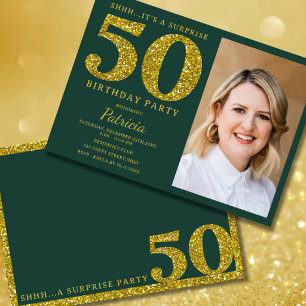 Emerald Green & Gold 50th Surprise Birthday Photo Invitation