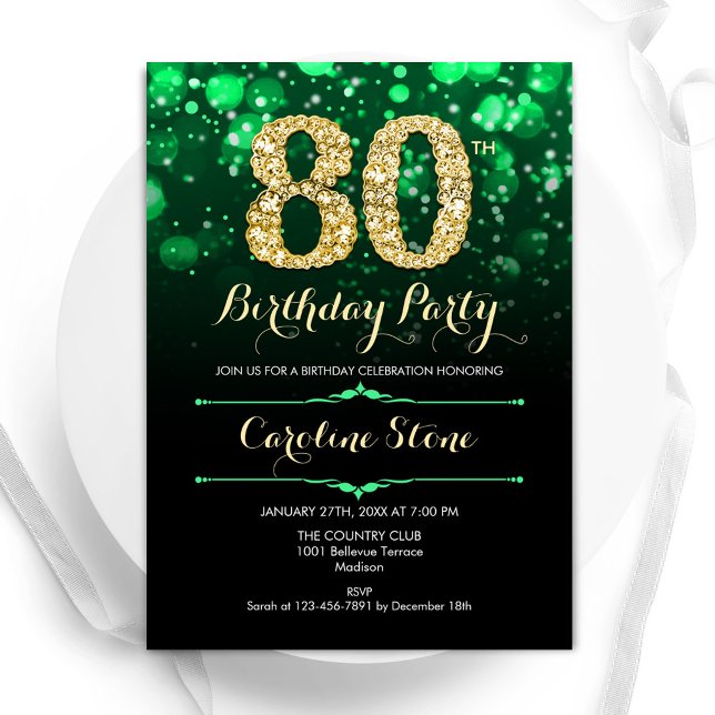 Emerald Green Gold 80th Birthday Invitation (Creator Uploaded)
