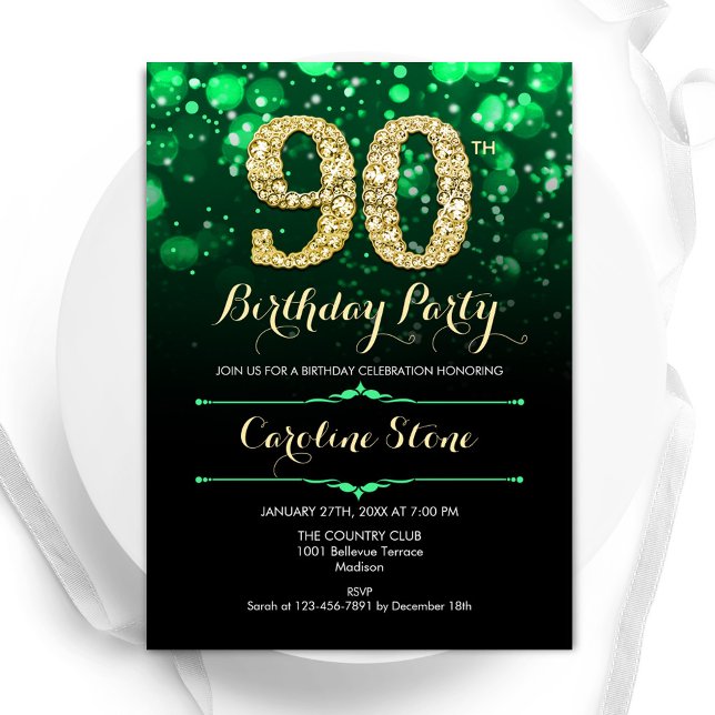 Emerald Green Gold 90th Birthday Invitation (Creator Uploaded)
