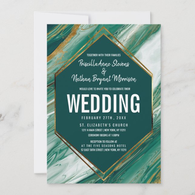 Emerald Green Gold Abstract Agate Marble Wedding Invitation (Front)