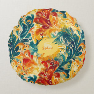 Emerald Green & Gold Abstract Paisley Leaves (3) Round Cushion