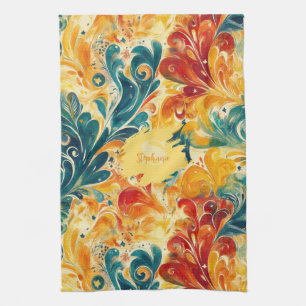 Emerald Green & Gold Abstract Paisley Leaves (3) Tea Towel