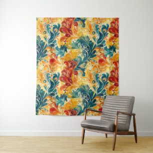Emerald Green & Gold Abstract Paisley Leaves Tapestry