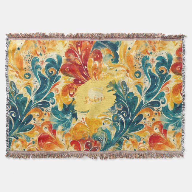 Emerald Green & Gold Abstract Paisley Leaves Throw Blanket (Front)