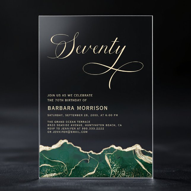 Emerald Green Gold Agate 70th Seventy Birthday Acrylic Invitations (Creator Uploaded)