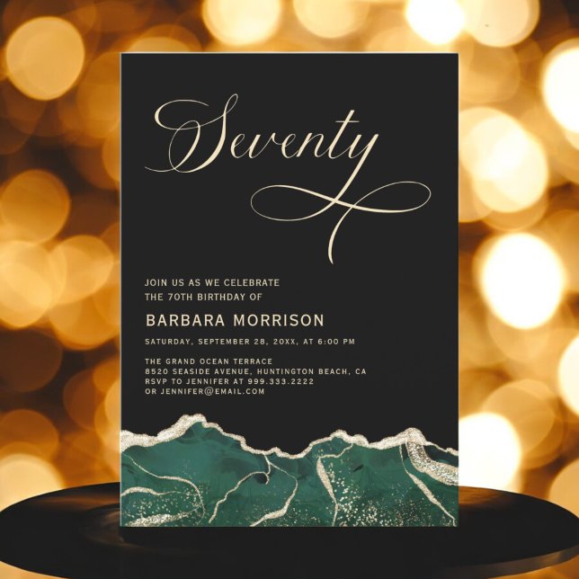 Emerald Green Gold Agate 70th Seventy Birthday Invitation (Creator Uploaded)